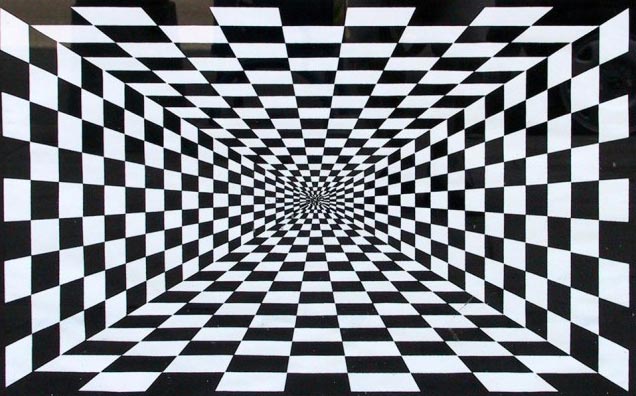 While you're only looking at a flat image on a flat screen, this picture gives the illusion of depth thanks to its checkered black and white layout.