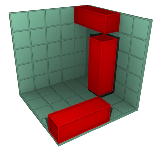 This picture shows a computer animated room featuring 3 blocks placed in different positions.