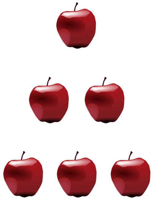 This apple pyramid picture will help you count apples. There is 1 apple placed on the first level, 2 on the second and 3 on the third.
