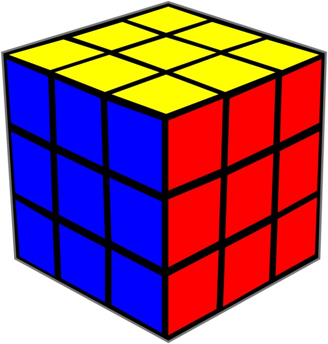 This picture shows three sides of a solved Rubik's Cube puzzle. The Rubik's Cube was invented in 1974 by Hungarian Erno Rubik.