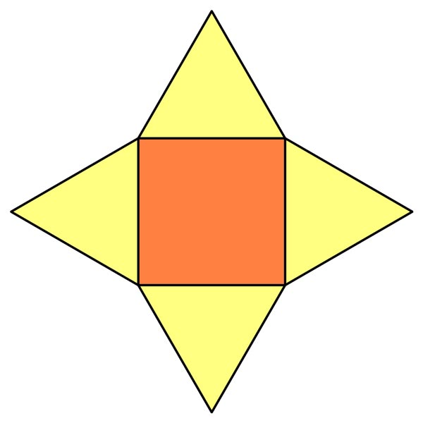 This picture shows a square pyramid net, a 2D shape that represents what a square pyramid would look like if you folded it along its boundaries.