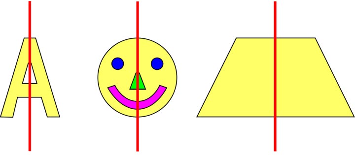 This picture shows different symmetrical patterns including a trapezoid (trapezium), a happy face and the letter A.