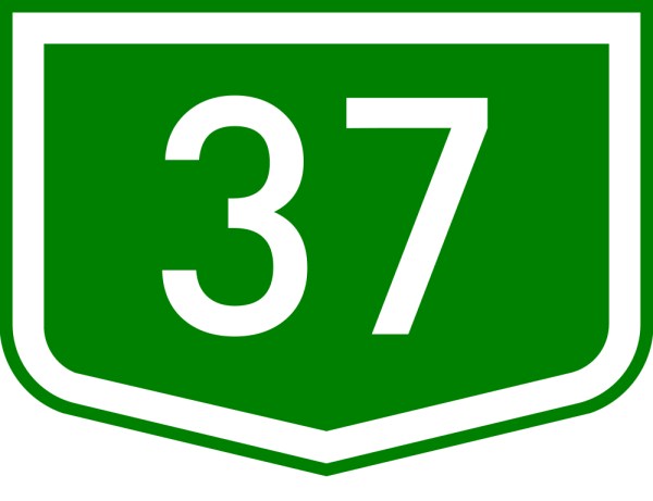 This picture shows the number 37 written in white inside a shield symbol.