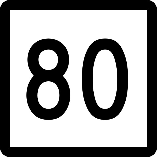 This picture shows the number 80 written in black inside a white square with a black outline.