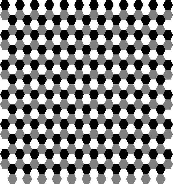 This hexagon pattern features a large number black, white and gray heaxagons put together to form a tessellation.