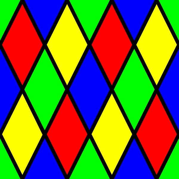 This picture features a pattern of interlaced diamonds put together to form a colorful tessellation.