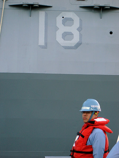 This photo shows the number 18 written on the side of a large ship.