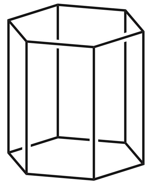 This picture features a hexagonal prism. A hexagonal prism is a polyhedron with 2 hexagon shapes at either end and a total of 8 faces.