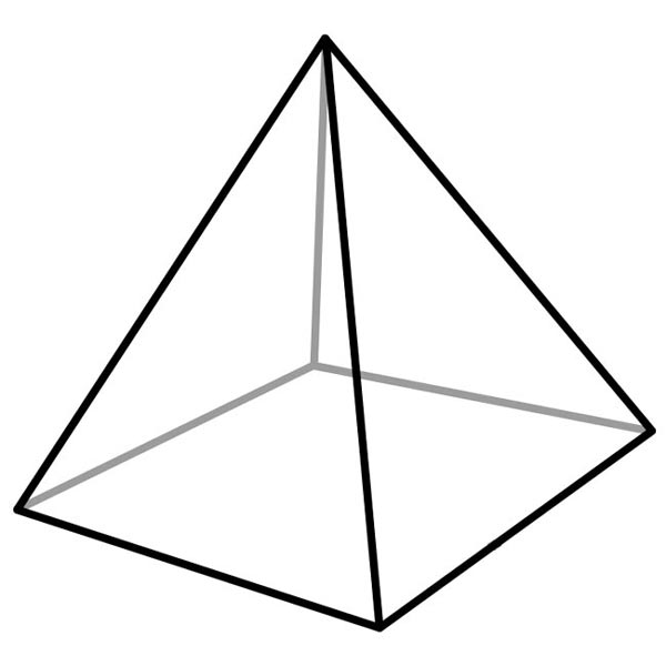 This picture features a square pyramid. A square pyramid is a polyhedron that has a square base and 4 triangles that meet at an apex.