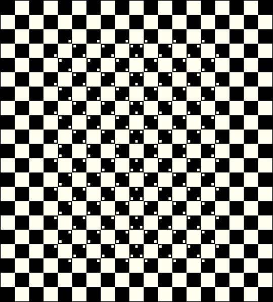 The black and white checkered squares in the center of this optical illusion appear to be pinched inwards because of the small white dots.