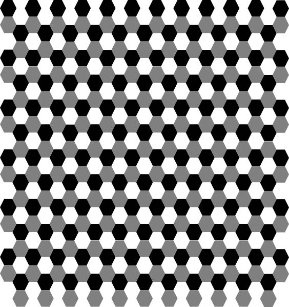 This hexagon pattern features a large number black, white and gray heaxagons put together to form a tessellation.